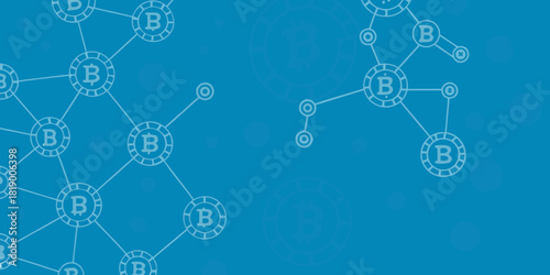 Blockchain network background with bitcoin symbol on blue backdrop