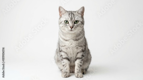 Beautiful Silver Tabby Cat with Vibrant Green Eyes Sitting