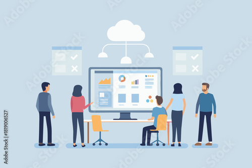 Team discussing data analytics and cloud computing in modern office space