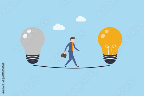 Businessman walking on rope between light bulbs idea generation concept
