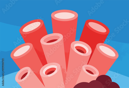 Abstract illustration depicting cylindrical shapes in various shades of red and pink against a blue background