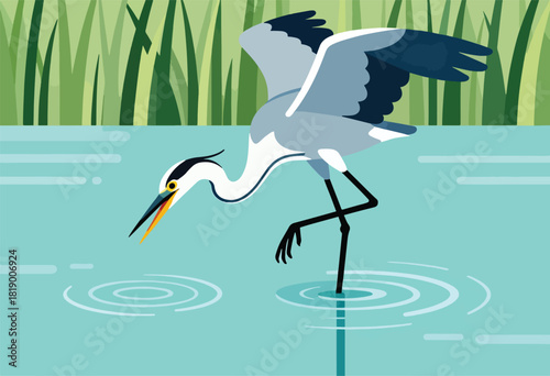 A stylized heron, wings outstretched, hunts in turquoise water, with reeds in the background. Ripples emanate