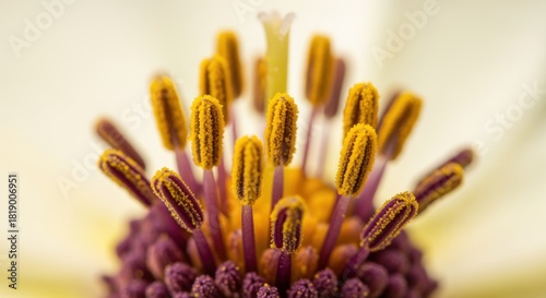 Vibrant Yellow Pollen Covering Purple Stamens in a Detailed Flower Macro