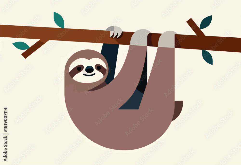 Naklejka premium A whimsical illustration of a smiling sloth hanging from a tree branch, vibrant and flat design