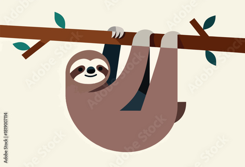 A whimsical illustration of a smiling sloth hanging from a tree branch, vibrant and flat design