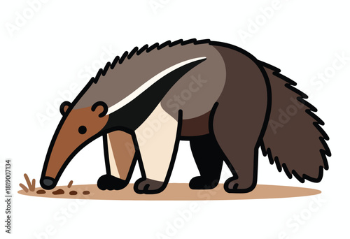 Cartoon anteater with a long snout foraging on a tan surface, featuring brown, beige, black, and white colors