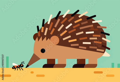 Stylized illustration of a spiky animal interacting with an insect against a light blue backdrop