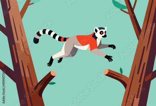 A lemur in mid-air, with a striped tail, between stylized trees, against a teal background