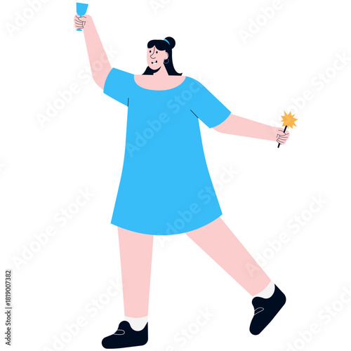 A cheerful woman in a blue dress celebrates, holding a glass and a sparkler in a joyful pose.