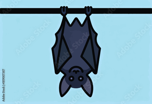 Cartoon bat hanging upside down from a black branch, set against a light blue textured background