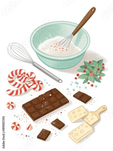 Illustrated Peppermint Bark Recipe Preparation with Mixing Bowl and Candy