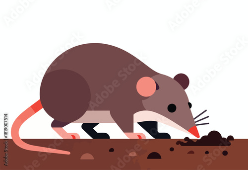A stylized rodent in shades of brown digs into soil with a red nose, whiskers, and a long tail