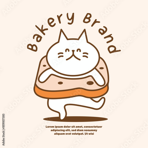 Cute bakery logo featuring cat mascot in bread slice costume standing confidently. Playful illustration with warm tones for cafe branding and packaging design.