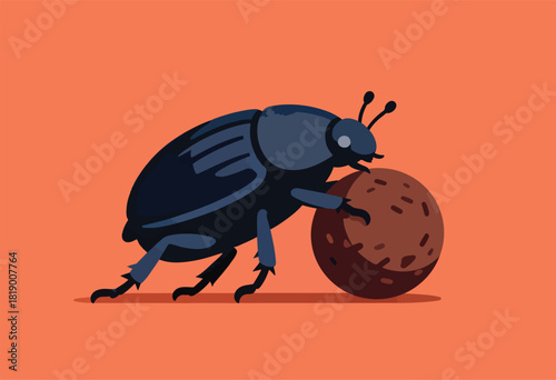 Illustration of a stylized beetle pushing a dung ball on a terracotta background. The bug is dark blue, the sphere brown