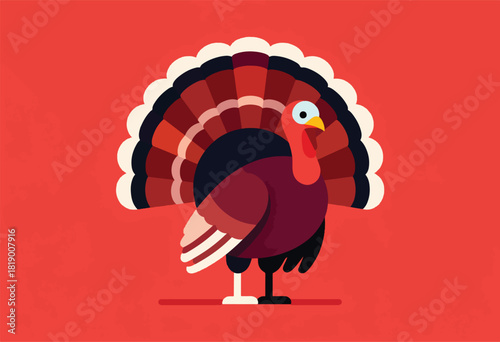Vector illustration of a stylized turkey with a vibrant display of plumage against a solid red background