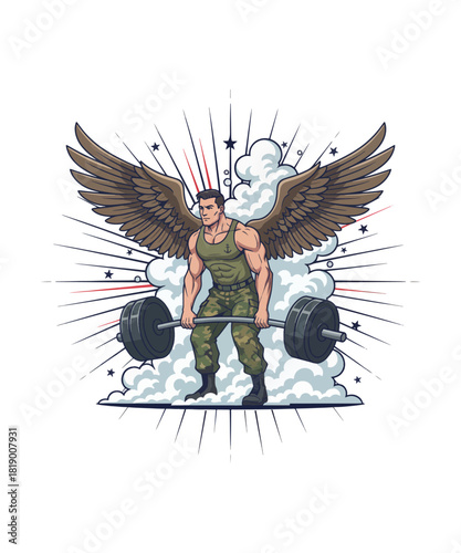 Illustration of a muscular man with wings lifting a barbell in military apparel surrounded by clouds and light beams
