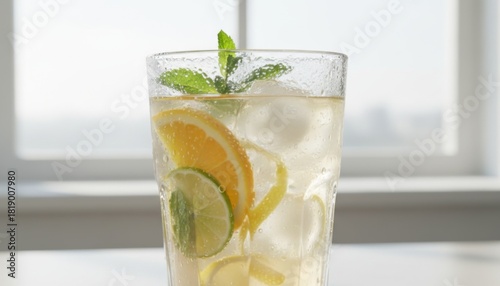 Cool Citrus Infused Beverage with Ice and Mint in Condensation Glass