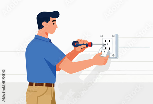 Illustration depicts a person using a screwdriver to install an electrical outlet on a white wall
