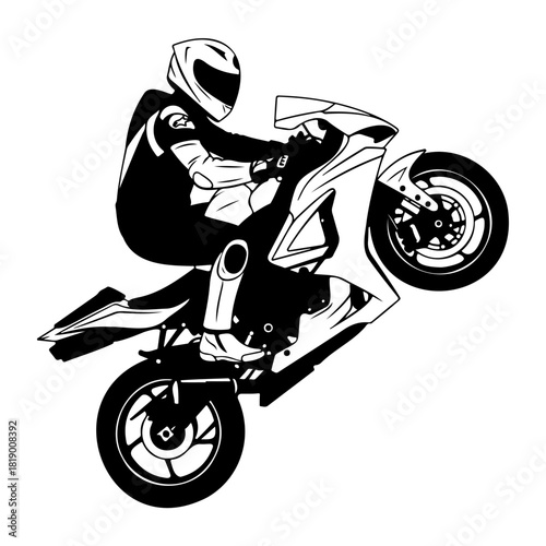 Illustration of a motorcyclist doing a wheelie on a sport bike in black