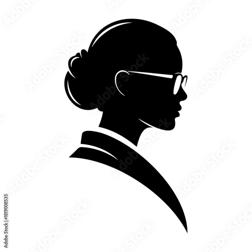 Silhouette of woman with glasses and hair bun looking to the right side