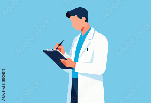 A medical professional in a lab coat, holding a clipboard and writing on it. Blue background