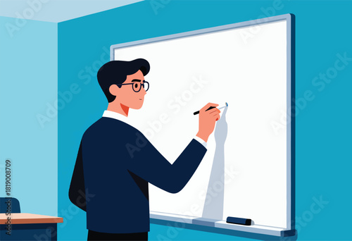 A man wearing glasses writes on a whiteboard with a marker, in an illustrative style, standing in a room