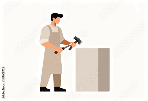 A stonemason in an apron chisels at a block. He holds a hammer and chisel. Clean, simple, and vector illustration