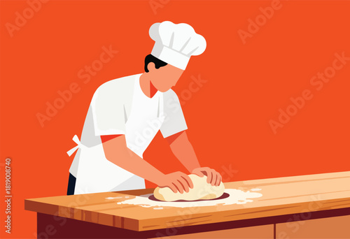 A chef in a white uniform and hat kneads dough on a wooden table, orange backdrop