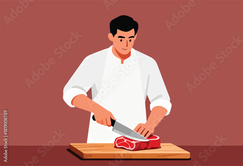 A chef in a white apron, wielding a knife, precisely cuts a raw steak on a wooden cutting board