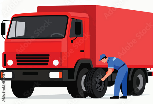 A red delivery truck has a mechanic working on a tire, presumably for a service call