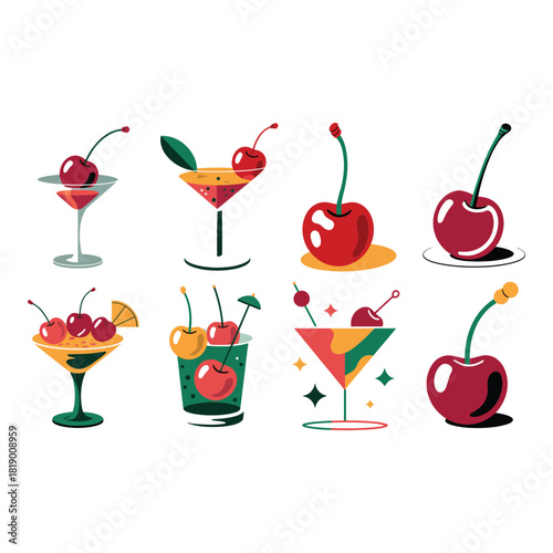 Vibrant cocktail illustrations with cherries and garnishes