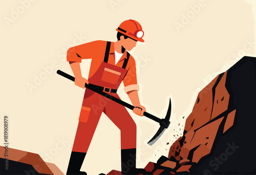 An illustration depicting a miner in orange attire using a pickaxe to break rocks in a mine