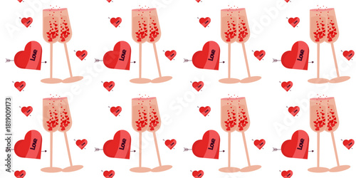 Seamless pattern of champagne glasses and hearts. Family, Love, and Fidelity Day. Can be used as a festive pattern for packaging and decor.