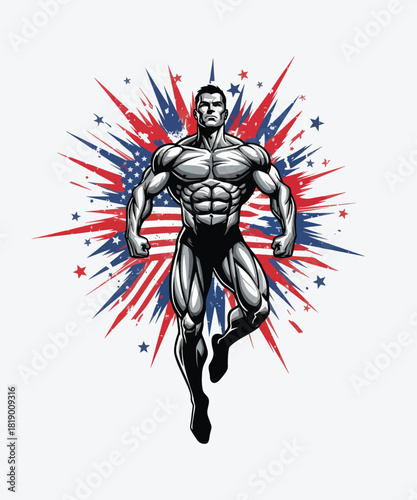 Illustrative Bodybuilder with American Flag Burst Design in the Background Symbolizing Strength and Patriotism