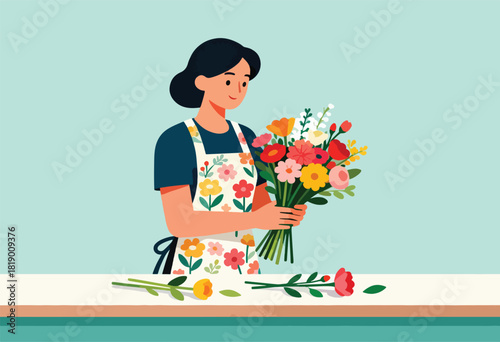 A woman in a floral apron holds a colorful flower bouquet. Several cut flowers lie on a counter