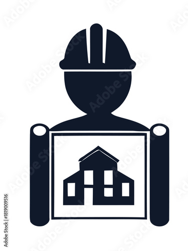 Construction worker with house blueprint icon, represents building and architecture professions and services