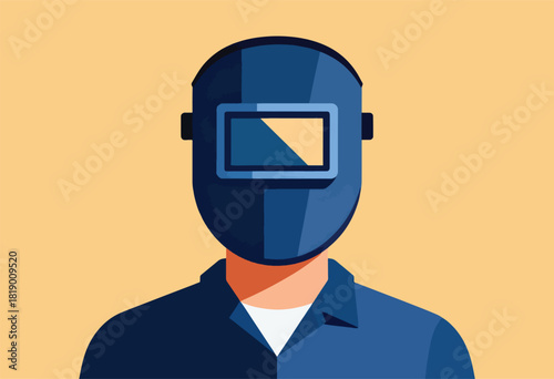 Vector illustration of a worker wearing a dark blue welding mask, with a visible face outline