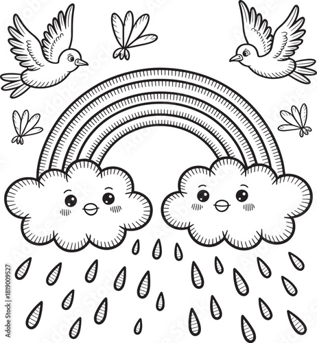 Cute kawaii rainbow clouds birds and raindrops simple line drawing for coloring fun vector
