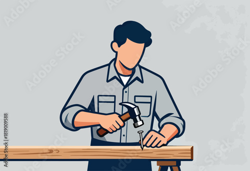 A man in a buttoned shirt hammering a nail into a wooden board, with a grey background