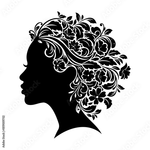 Silhouette of a woman with floral hair design in black and white vector