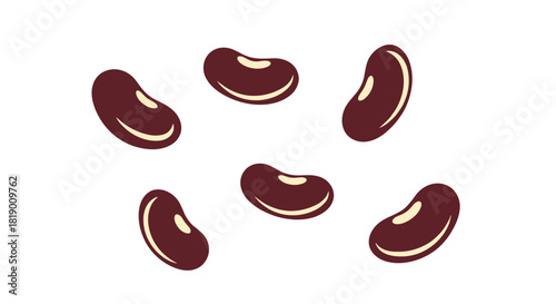 Six stylized dark red kidney beans, each with a distinctive light hilum, are loosely scattered on a clean white background.