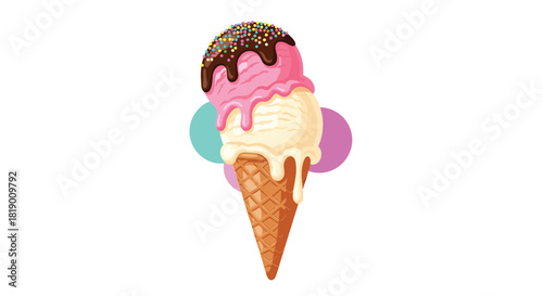 A delicious double-scoop ice cream cone with pink and vanilla flavors, topped with chocolate syrup and colorful sprinkles, perfect for summer treats.