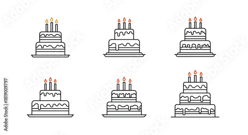 Simple outline illustrations of various tiered birthday cakes adorned with lit candles, presented on a clean white background.
