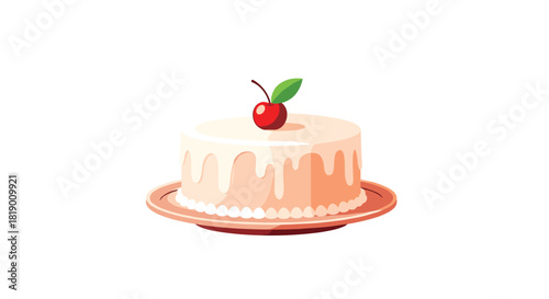 A delightful white frosted cake topped with a vibrant red cherry and a green leaf, resting on a brown plate, in a charming vector illustration.