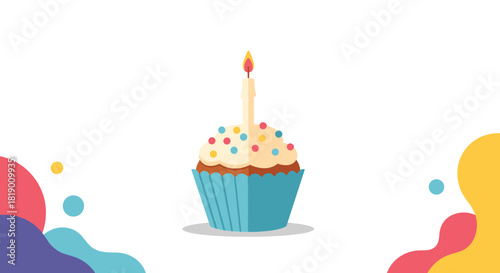 A delightful birthday cupcake with a lit candle and colorful sprinkles, rendered in a cheerful flat design style on a clean white background with abstract shapes.