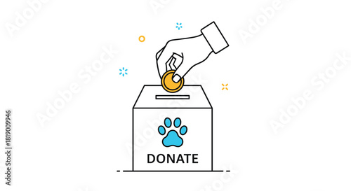 A human hand is dropping a golden coin into a white donation box adorned with a blue paw print and the word 'DONATE', symbolizing support for animal welfare and pet charities.