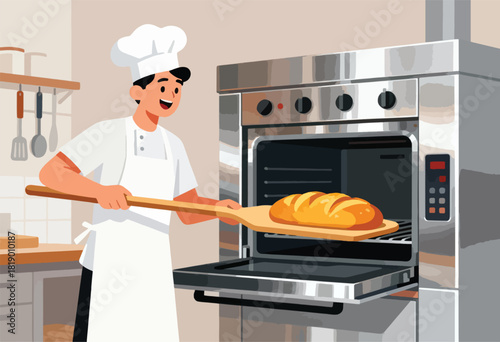 A smiling baker wearing a white apron and chef's hat removes a loaf of fresh bread from a large oven
