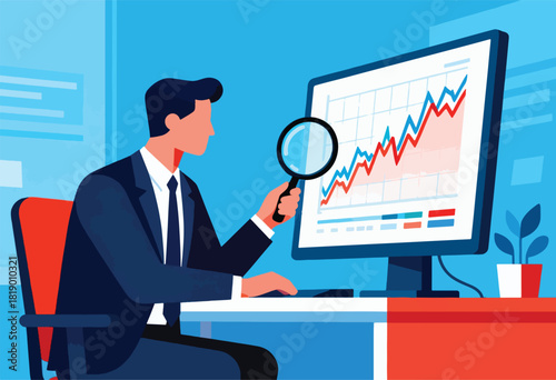 A person in a suit analyzes a graph on a computer screen using a magnifying glass, office setting