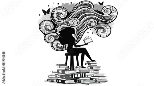 Conceptual illustration of escaping into a story depicting imagination and narrative immersion with vibrant colors and clear typography for creative projects