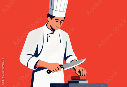 A chef in a white uniform and hat cuts food with a large knife on a table, all set against a red background